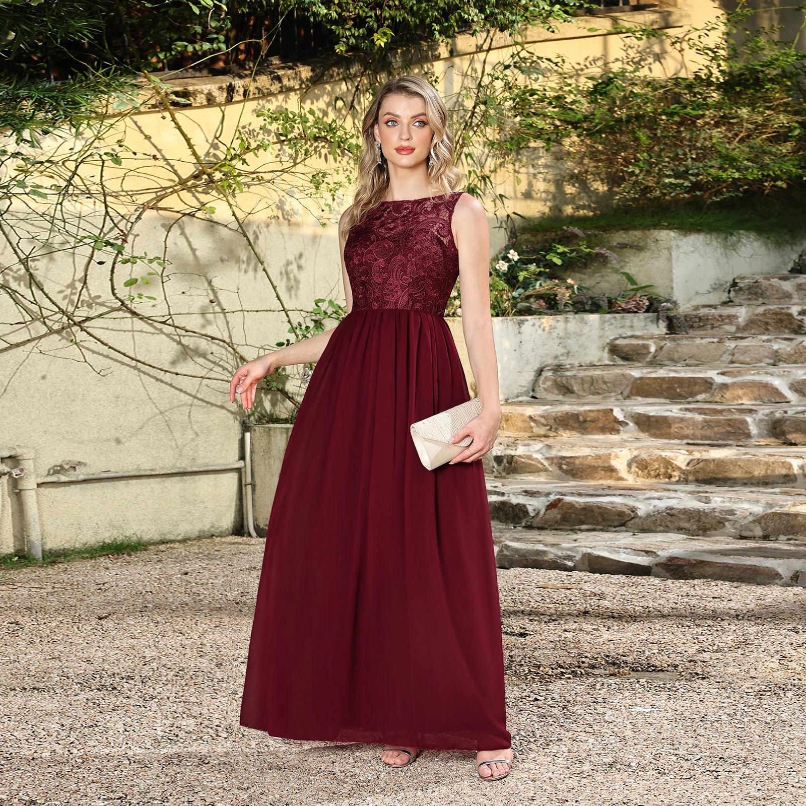 

Chiffon A-Line Evening Dresses Cutout Lace O-Neck Sleeveless Sheer Back Prom Dress Pleated Waist Floor-Length Bridesmaid Dress