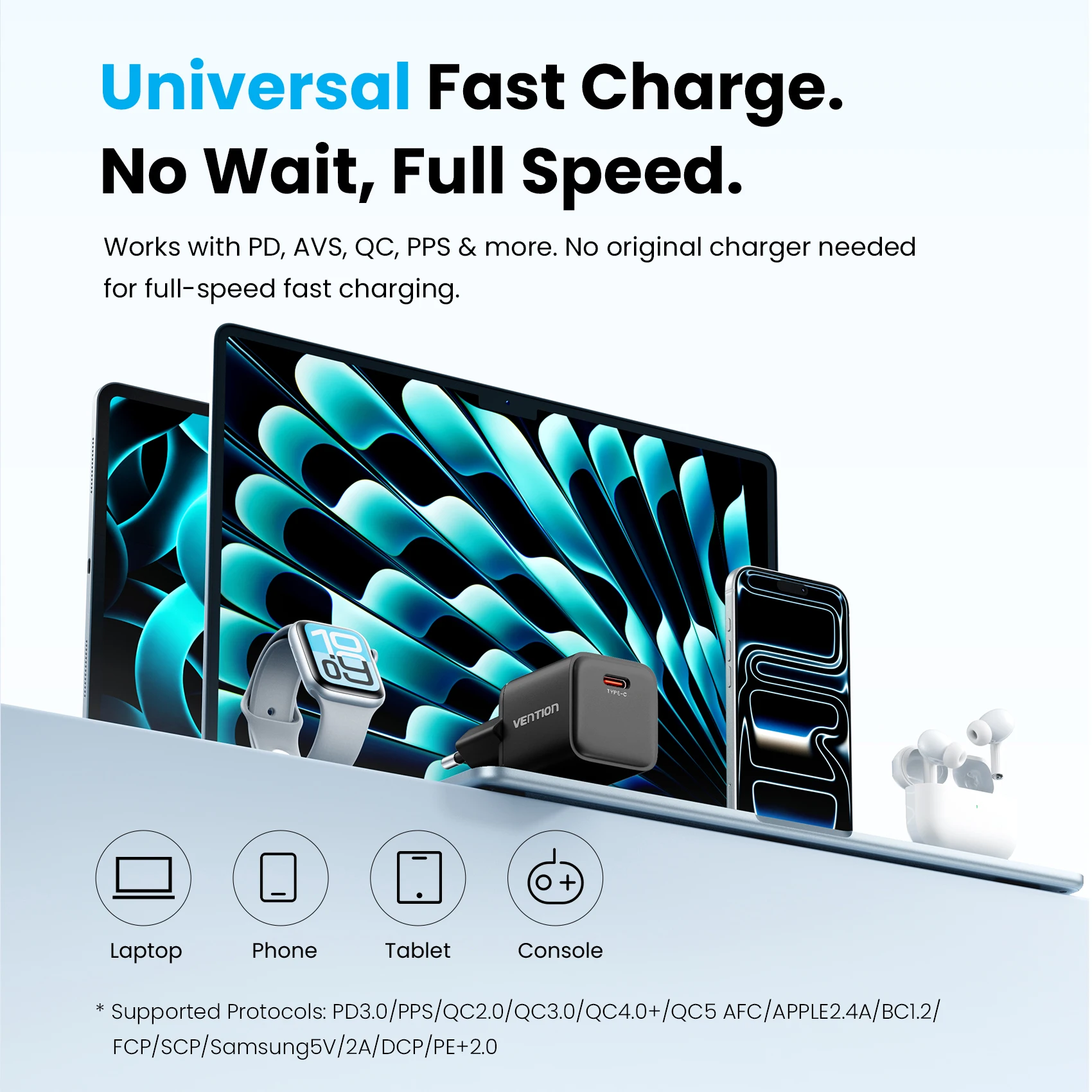 Vention 45W GaN Fast Charger PD3.0 PPS Compact Wall USB C with CE FCC for MacBook Air iPhone 16 15 14 Samsung Galaxy view 6