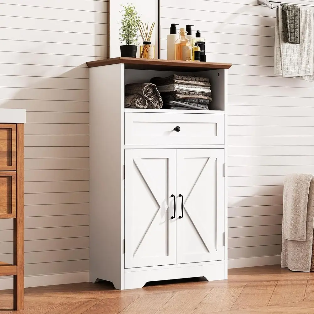 

loor Cabinet, armhouse Storage Cabinet with Barn Doand Der, 11.81" D x 23.62" W x 39.37" H White reestanding Adjustable Shel Org