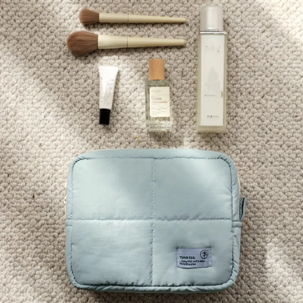 Aesthetic Quilted Makeup Bag Puffer Solid Color Cosmetic Pouch Soft Square Skincare Storage Bag Sundry Organizer