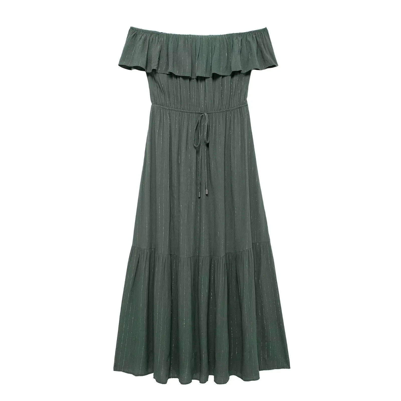 

TRAFZA Summer Female Chic Dresses Striped Green One-word Collar Backless Lace-up Decorative Metallic Pleated Midi Dress Mujer