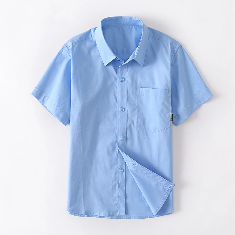 Summer Kids Blue Shirts for Girls School Uniform Blouses for Boy Short Sleeve Preppy Cotton Children Clothes Vestidos 8 10 14 Y