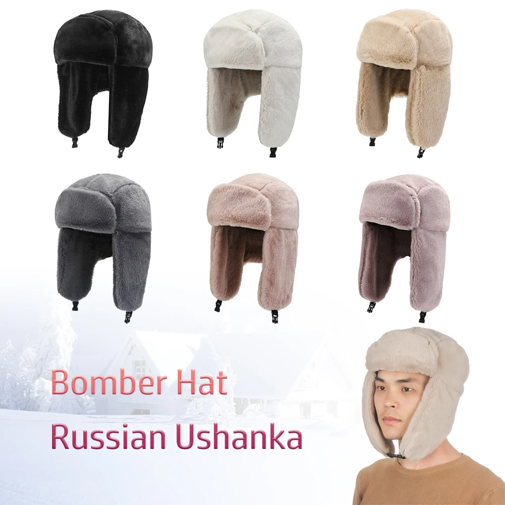 Women Men Thick Plush Windproof Bomber Hat Snow Caps Winter Hat Russian Ushanka