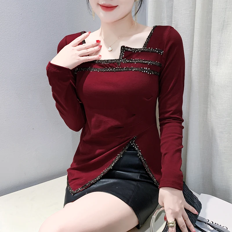 Asymmetrisches langes Sve-T-Shirt für Damen, Basisschicht, irt gefaltetes Design, Sensation, Herbst-Winter, neue Sle, koreanische Version, schmale Passform