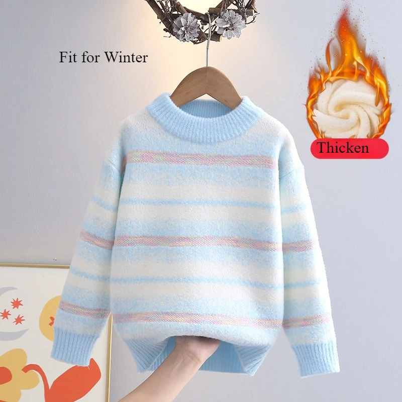 

5-12 Years Kids Baby Girls Knitted Sweaters Fall Winter Long Sleeve Round Neck Spot Stripes Pullover Tops Warm Knitwears