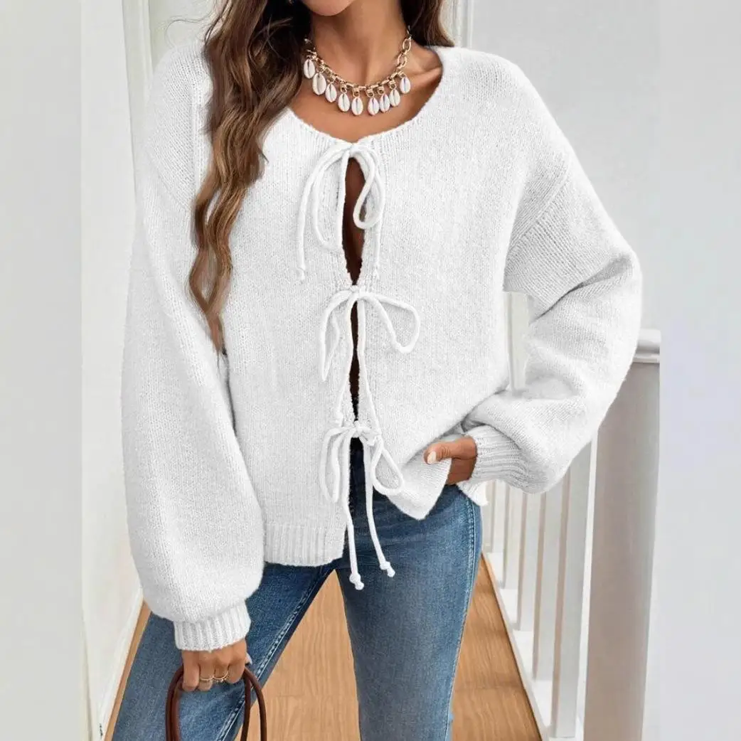 

Women's Long Sve Cardigan with Tied Hair Polyester Fiber Pure Color Open Sle Knitted Sweater Autumn Season Faion