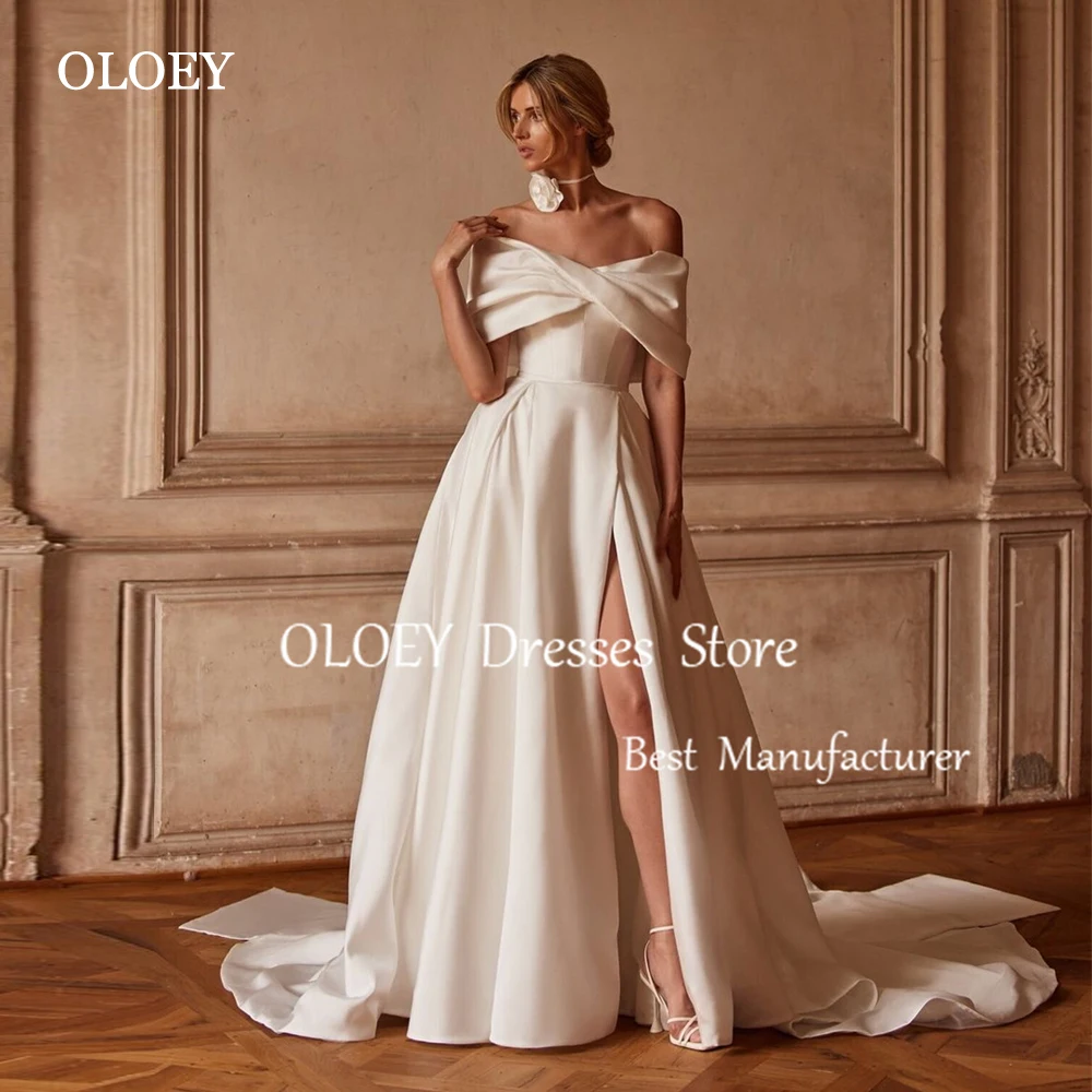 

OLOEY Elegant Ivory A Line Wedding Dresses Off Shoulder Floor Length Bridal Gowns Pleats Satin High Slit Sweep Train Customized