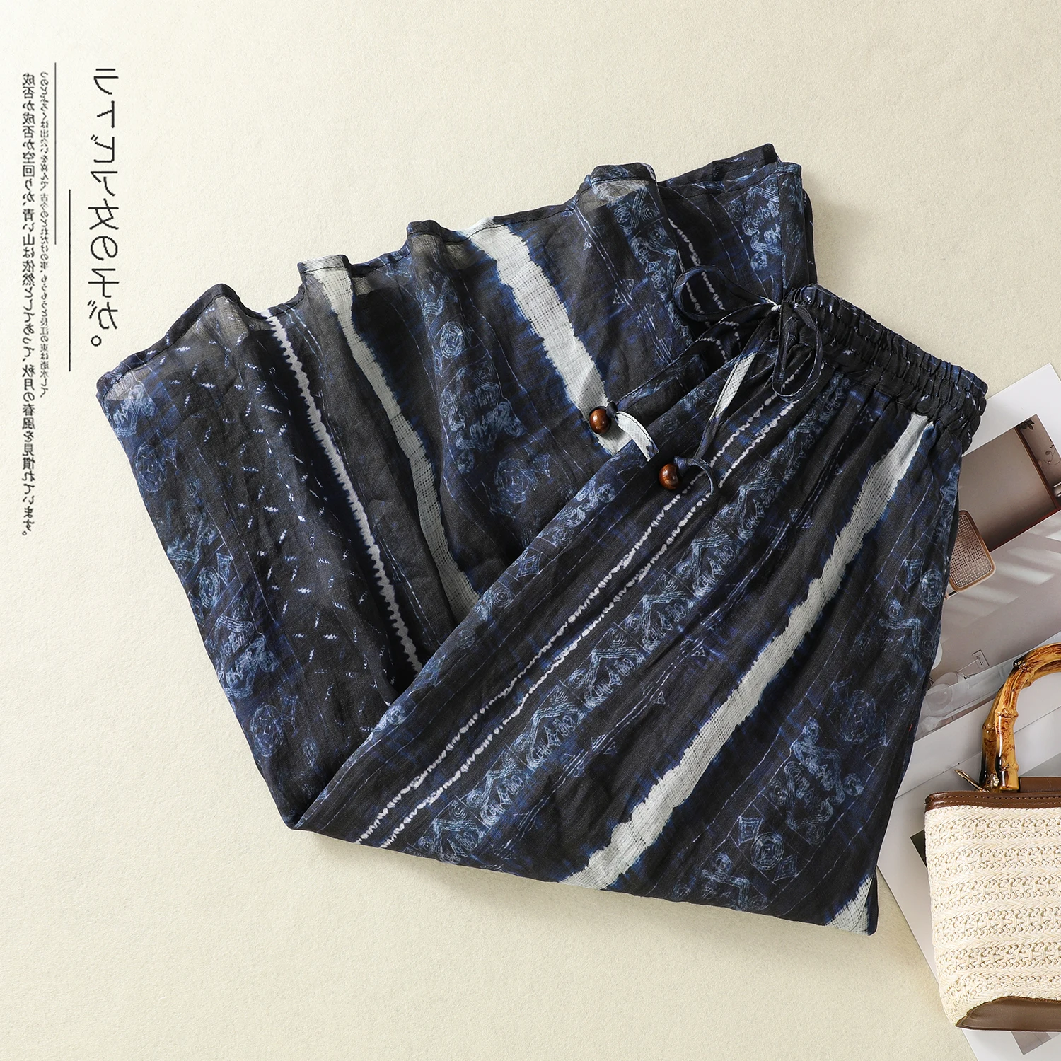 High Waist Wide Leg Wax Print Midi Skirt Slimming A-Line Casual Style Half Body Skirt Thin Summer Spring Seasonal Cotton Lyocell