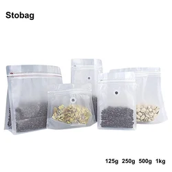 StoBag 50pcs Transparent Frosted Coffee Beans Packaging Bag with Valve Sealed for Powder Food Nuts Storage Reusable Pouch Pocket