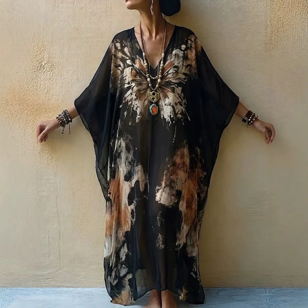 

Vintage Print Dress Chiffon Deep V Neck Batwing Sleeve Maxi Caftan Dress Casual Loose Summer Beach Cover Up Dresses for Women