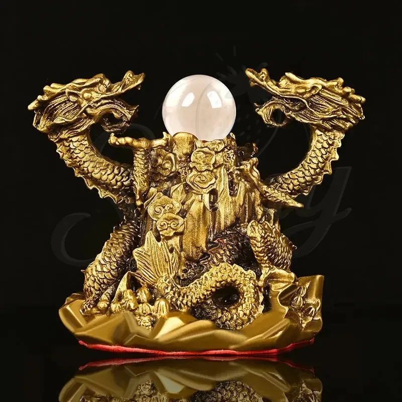 

15cm Feng Shui Copper Ornaments Double Dragon Playing Pearl Five Elements Home Office Desktop Decor Statues Home Decor