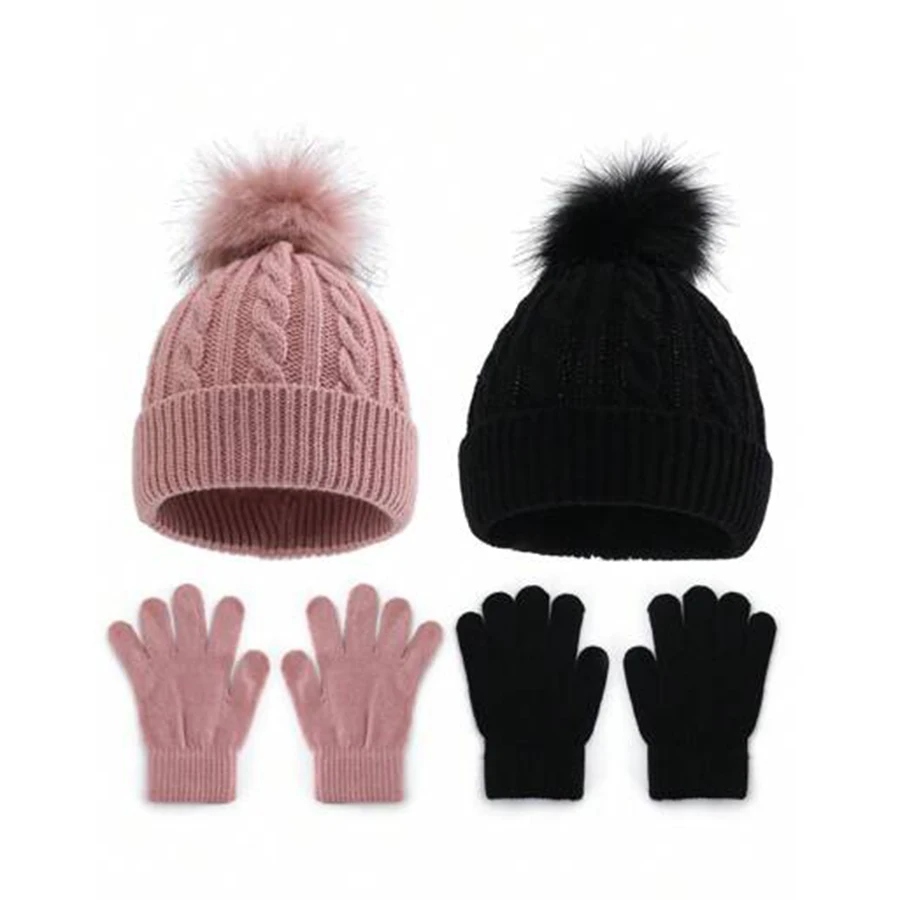 قبعات صوف للأطفال، قفازات، قبعات صوفية محبوكة لحماية الأذن في الشتاء، ومجموعات دافئة للأولاد والبنات