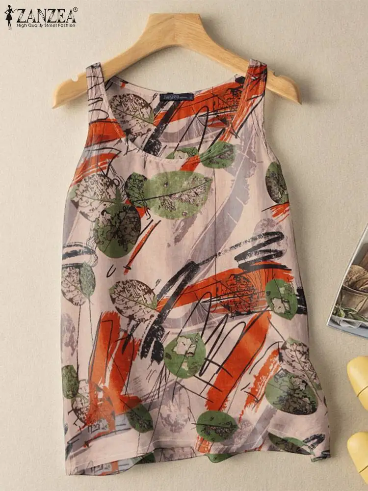 ZANZEA Summer Women Vintage Printed Tank Tops 2024 New Holiday Casual O Neck Sleeveless T-shirts Daily Loose Cotton Camis Blouse