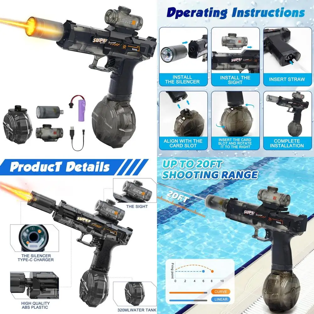 

Electric Water Gun Fire Flash Upgraded, 320 Capacity Water Pistol Toy Squirt Gun for Kids Adults, Summer Outdoor Toy Yard Beach
