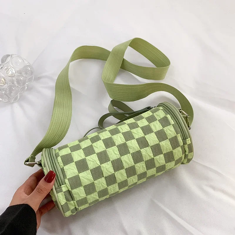 Ladies' Shoulder Bag Trendy and Fashionable Crossbody Phone Bag Checkerboard Checkered Wide Shoulder Strap Cylindrical Bag