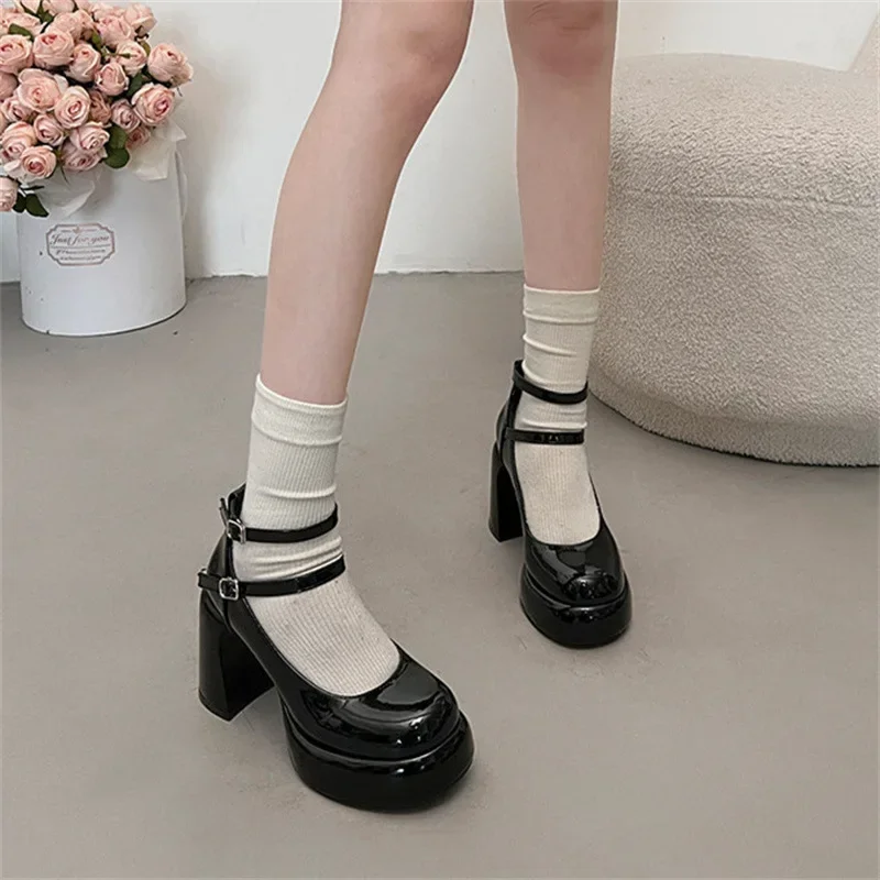 Trendy High Heels 2024 Autumn New Mary Jane Solid Color Thick High Heels Double Button Design Comfortable High Heels Women\'s