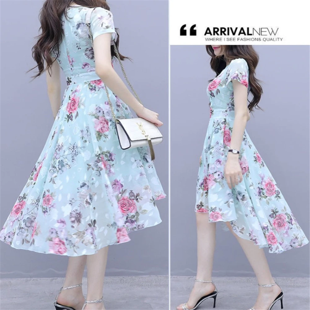 Elegant Slim-fit Floral Round Neck Short-sleeve Irregular Dress