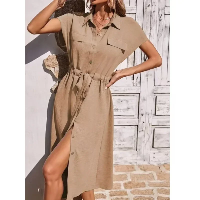 Vestidos nuevos 2025, moda de verano para mujer, camisa cómoda con cuello, falda en la cintura, ropa para mujer, Tops