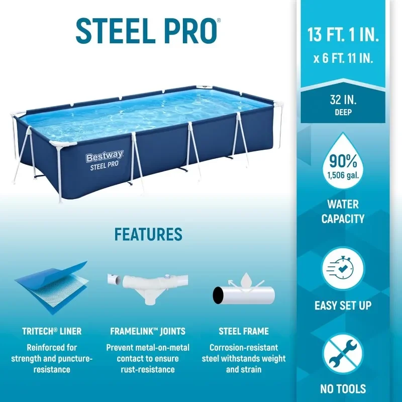 Bestway Steel Pro 13 Foot x 32 Inch Rectangular Above Ground Outdoor Pool Steel Framed Vinyl Swimming Pool with 1,506 Gallon