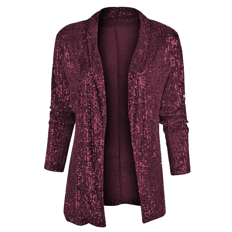 2024 donne paillettes manica lunga temperamento di media lunghezza piccolo vestito colletto Polo cappotto solido autunno blazer Glitter Party risvolto lucido