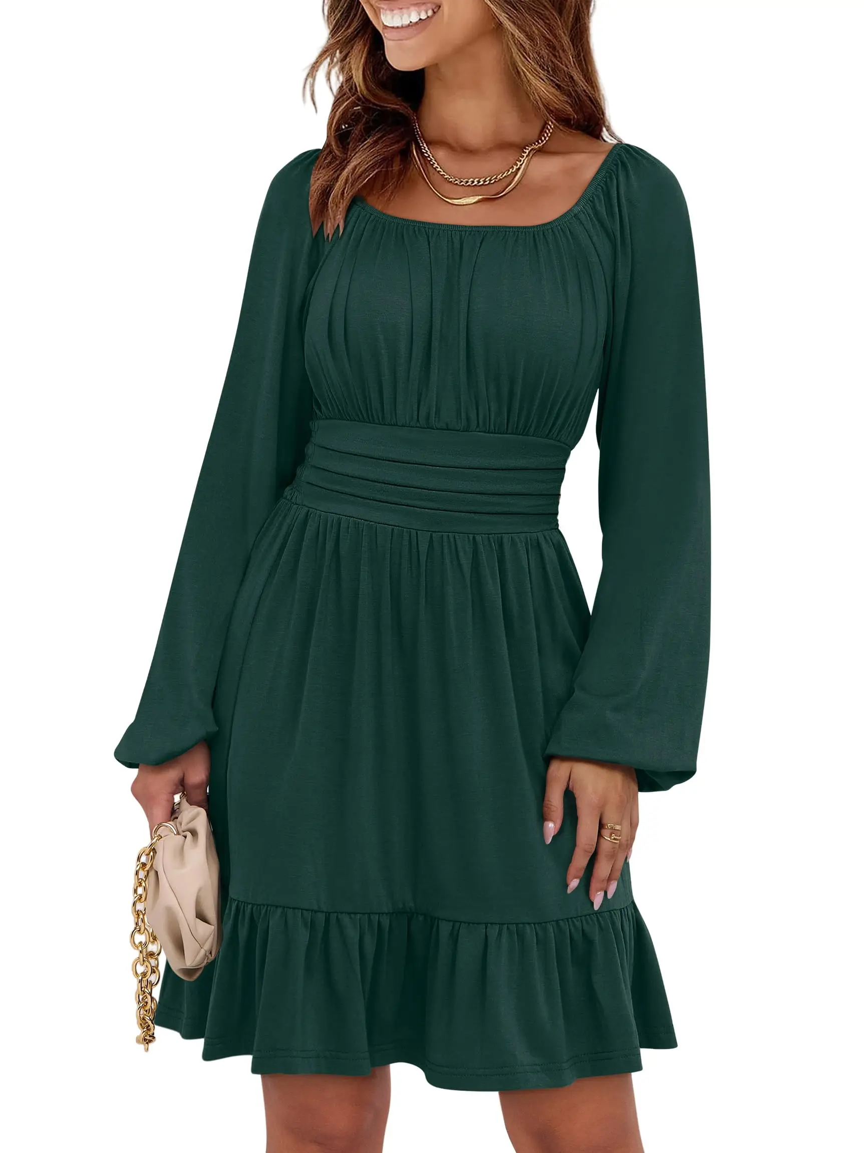 Dark Green Square Neck Long Sleeve A-Line Dress With Elastic Waist And Ruffled Hem For Fall 2025