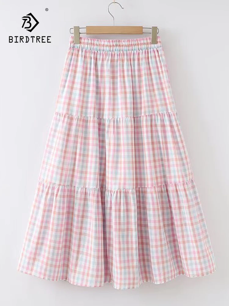 

New 2025 Summer Cotton Skirt, Women Elastic Waist Plaid Print, Mori Girl Retro Versatile Preppy Style INS Loose Skirt B56991CC