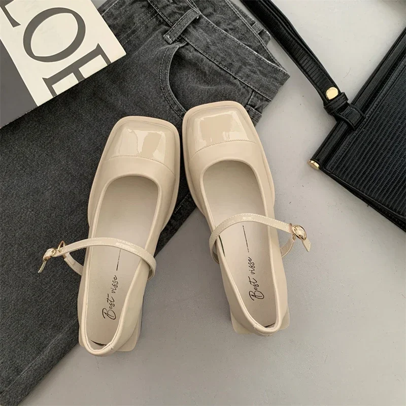 Designer Women Mary Jane Shoes Spring Leahter Shoes Fashion Buckle  Female Square Head Toe Mid Heel Elegant Woman Pumps