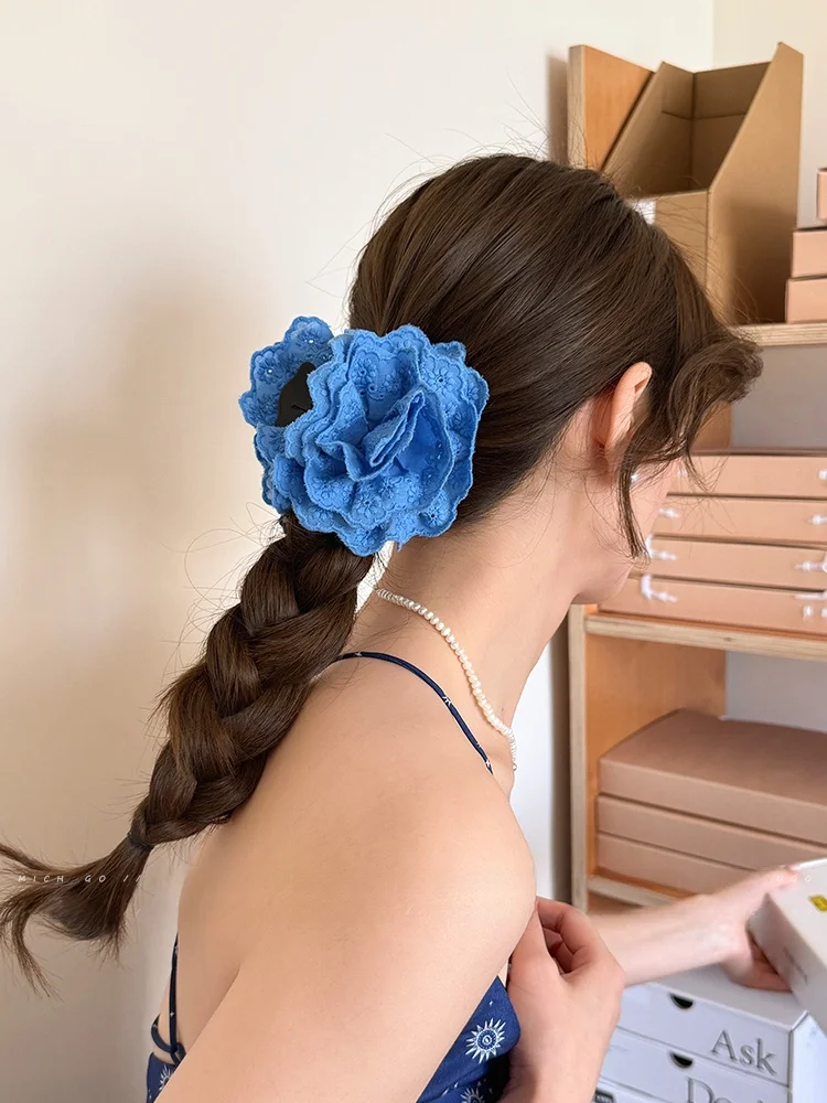 

Blue Rose Lace Hair Clip Women's 2025 New f Updo Hair Claw ark Clamp Hair Accories Ele Ba of Head Sling