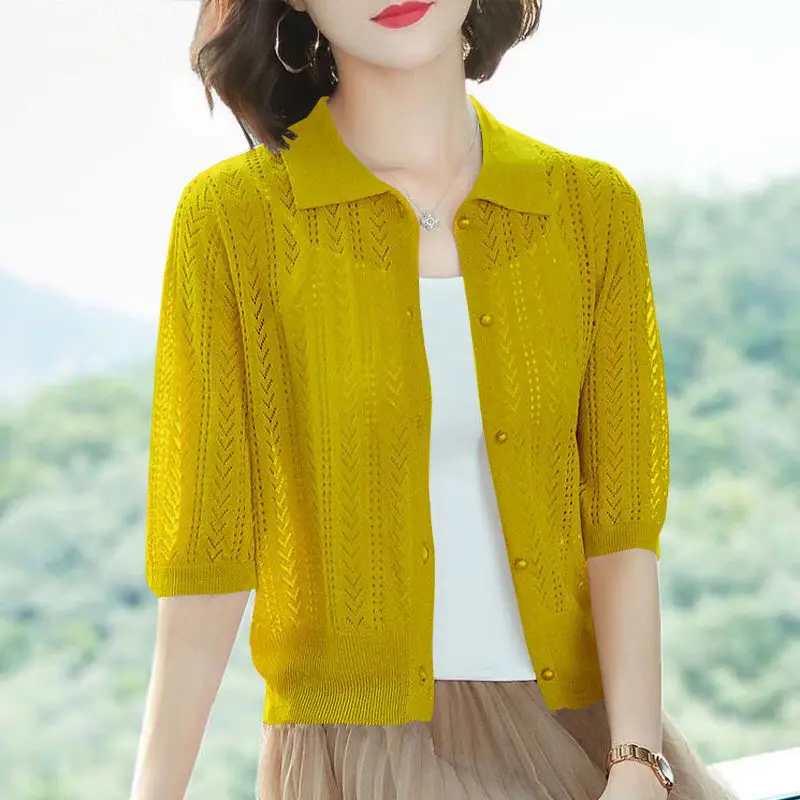 Fashion Lapel Knitted Button All-match Hollow Out Shirt Women\'s Clothing 2023 Summer New Casual Tops Half Sleeve Korean Blouse