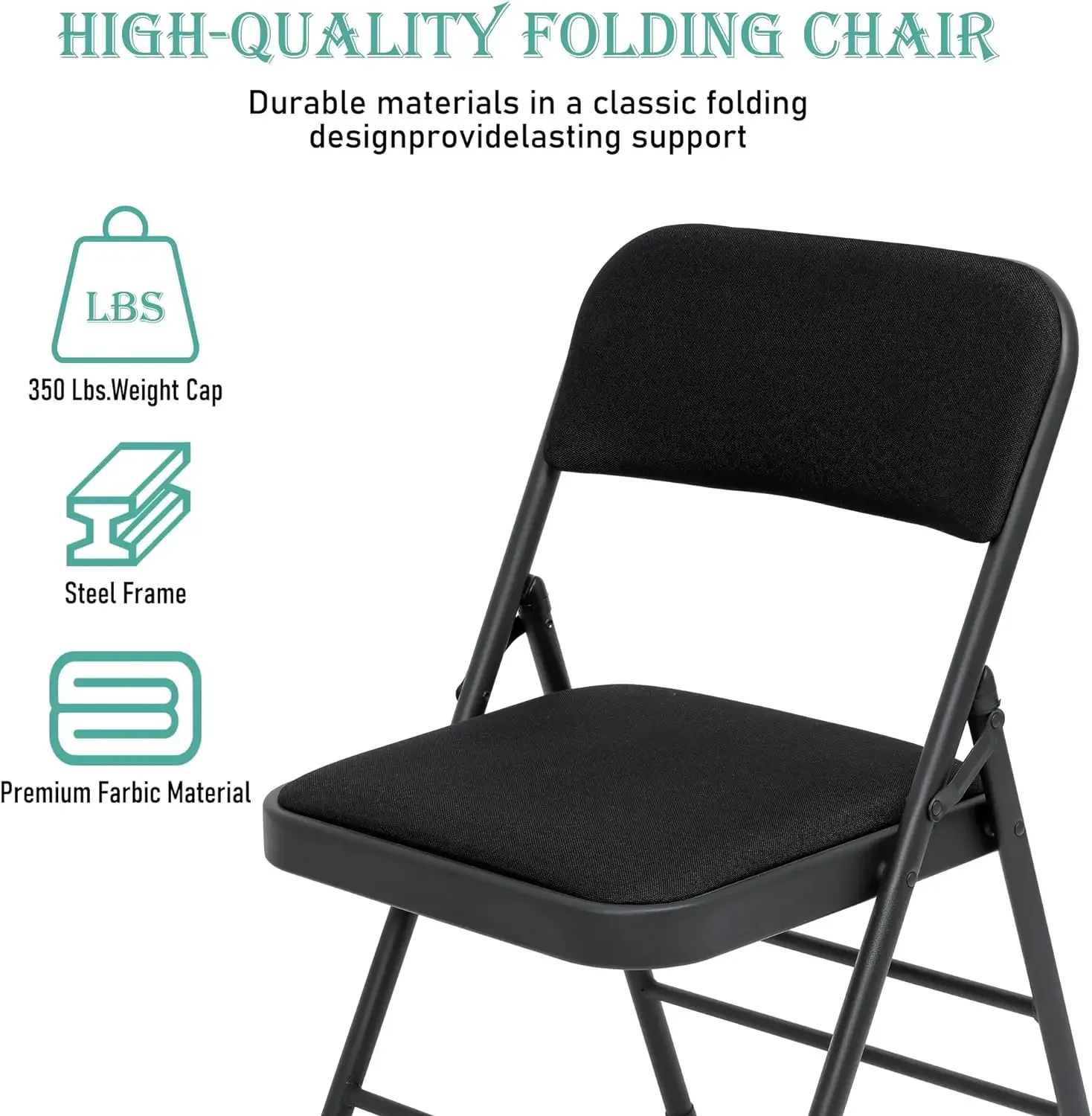 Preto cadeiras dobráveis com tecido acolchoado almofada, portátil Dining Chair Set, interior e exterior cadeira empilhável