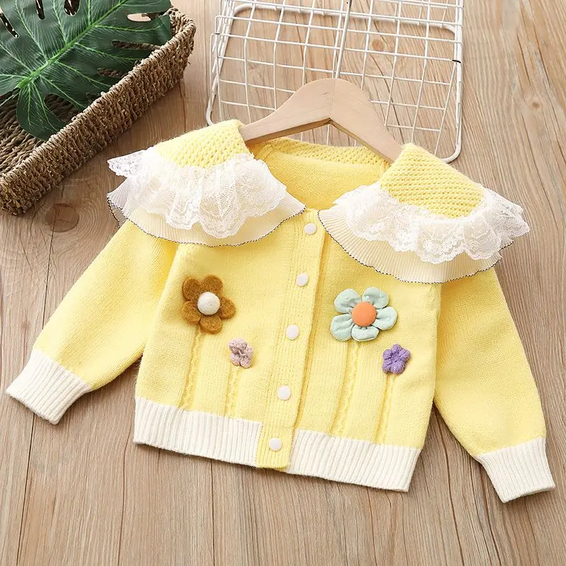 

Girls' knitted sweater jacket Spring and Autumn new style children's handmade flower sweater jacket Little girls' top