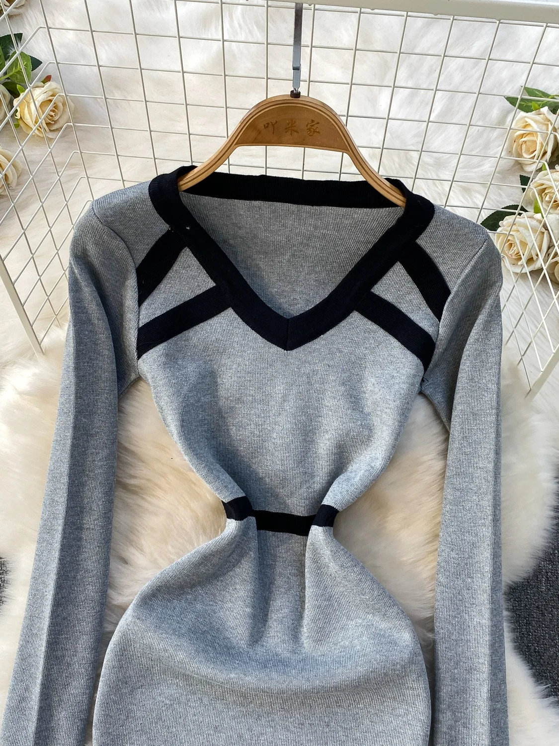 Coreano sle v-ne malha dr feminino outono inverno emagrecimento camada base envoltório em torno da saia cintura alta cor blo dr