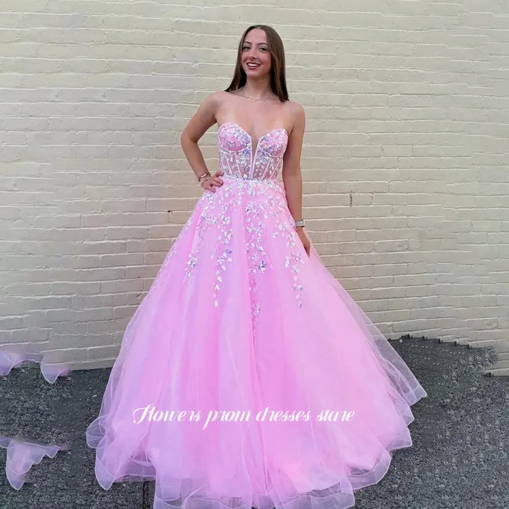 

Flowers Sweetheart Prom Dress Lace Applique Evening Dress A Line Party Princess Dress for Women vestidos de fiesta Customized