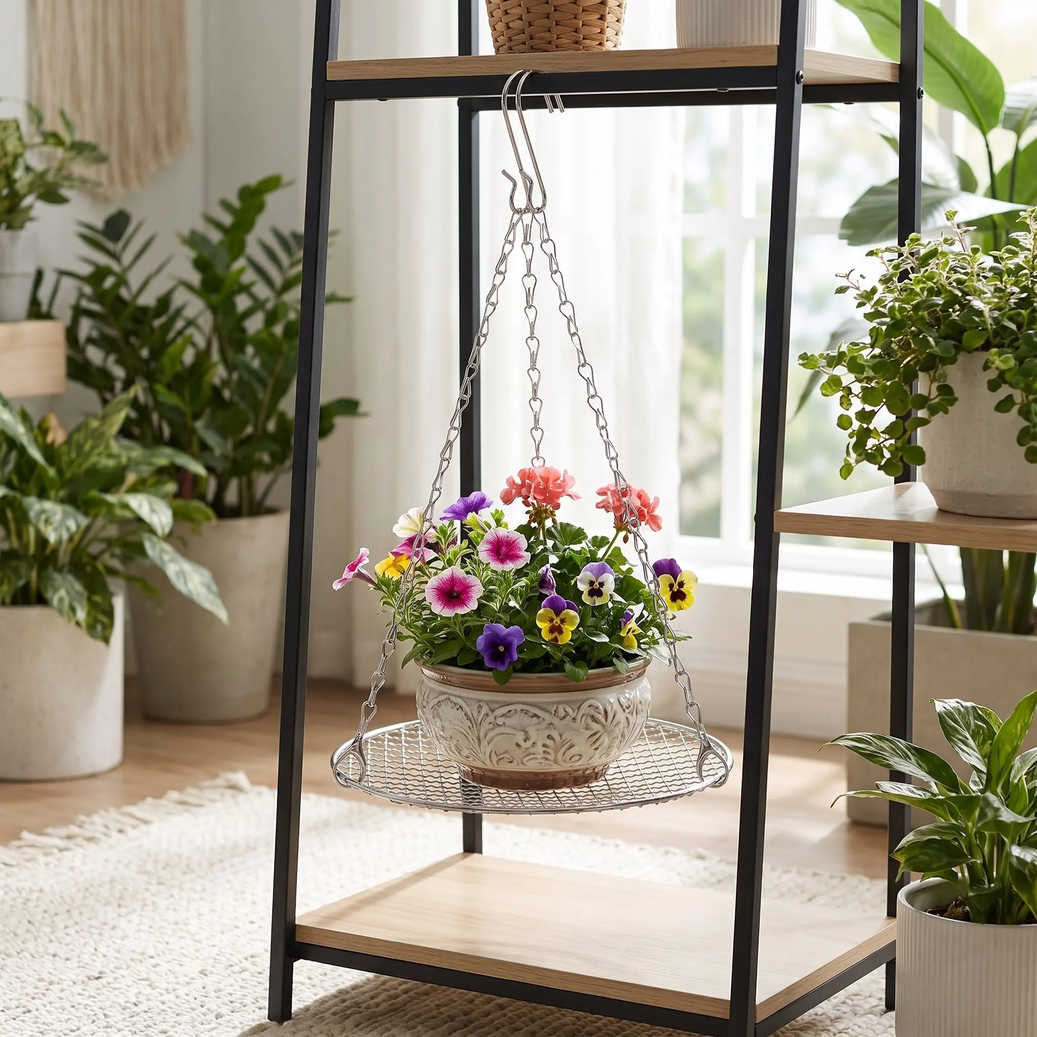 Adjustable Height Planter Insert for 9-12In Pots Heavy Duty Stainless Steel Plant Riser Insert with Hooks for Tall Planters