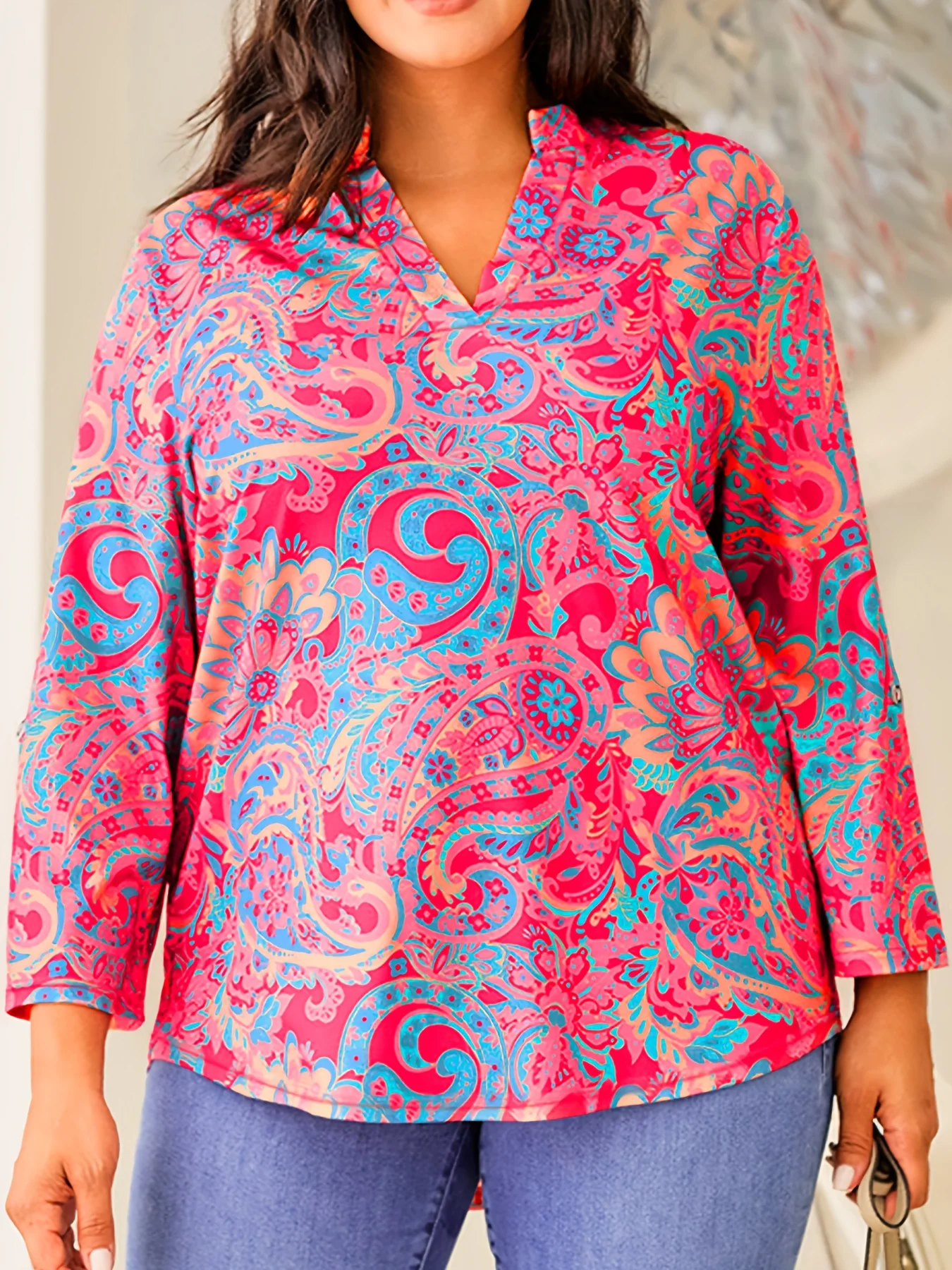 Plus Size Damen-Top mit Paisley-Print, Boho-Bluse mit 3/4-Ärmeln und V-Ausschnitt, lässiges Hemd für kurvige Frauen