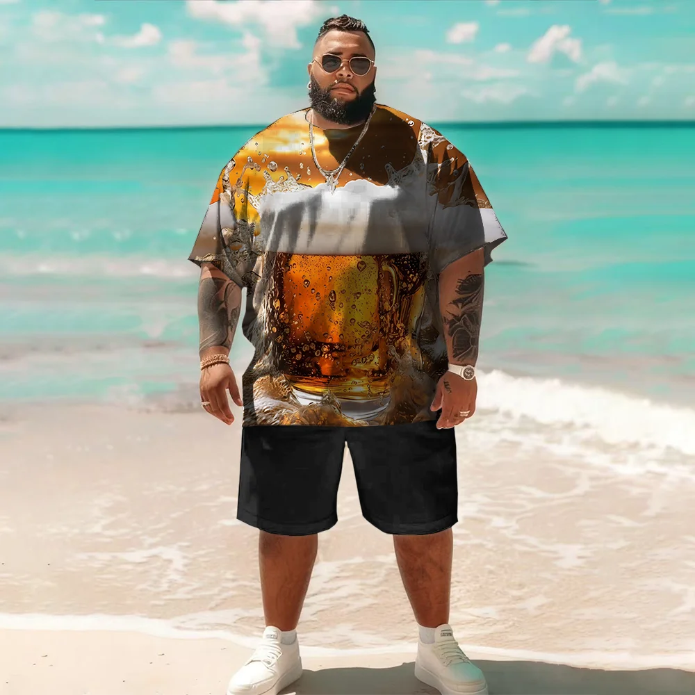 

Мужской комплект с короткими рукавами больших размеров S-9xl: Vibe в стиле пива — большая и высокая посадка из двух предметов, мягкая дышащая ткань, тонкие принты кружек,