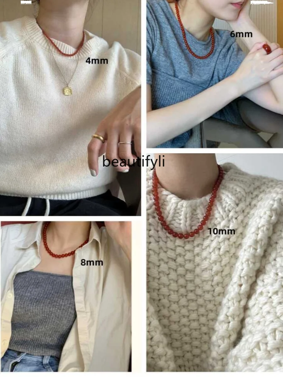 Natural agate necklace light luxury retro simple beaded new Chinese S925 silver ingot buckle collarbone chain