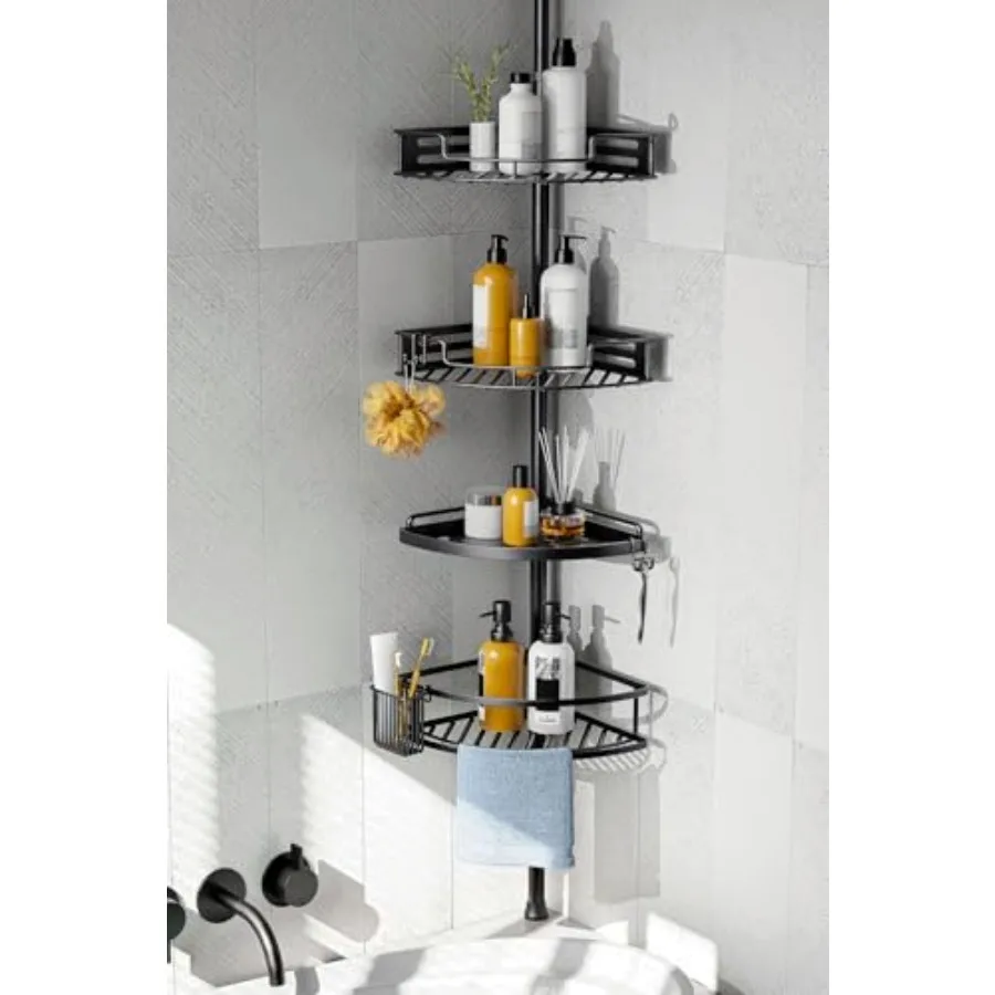 

Corner Shower Caddy Tension Pole: Quick Installation 4-Tier Rustproof Bathroom Organizer Shelves for Bathtub Shampoo Storage -