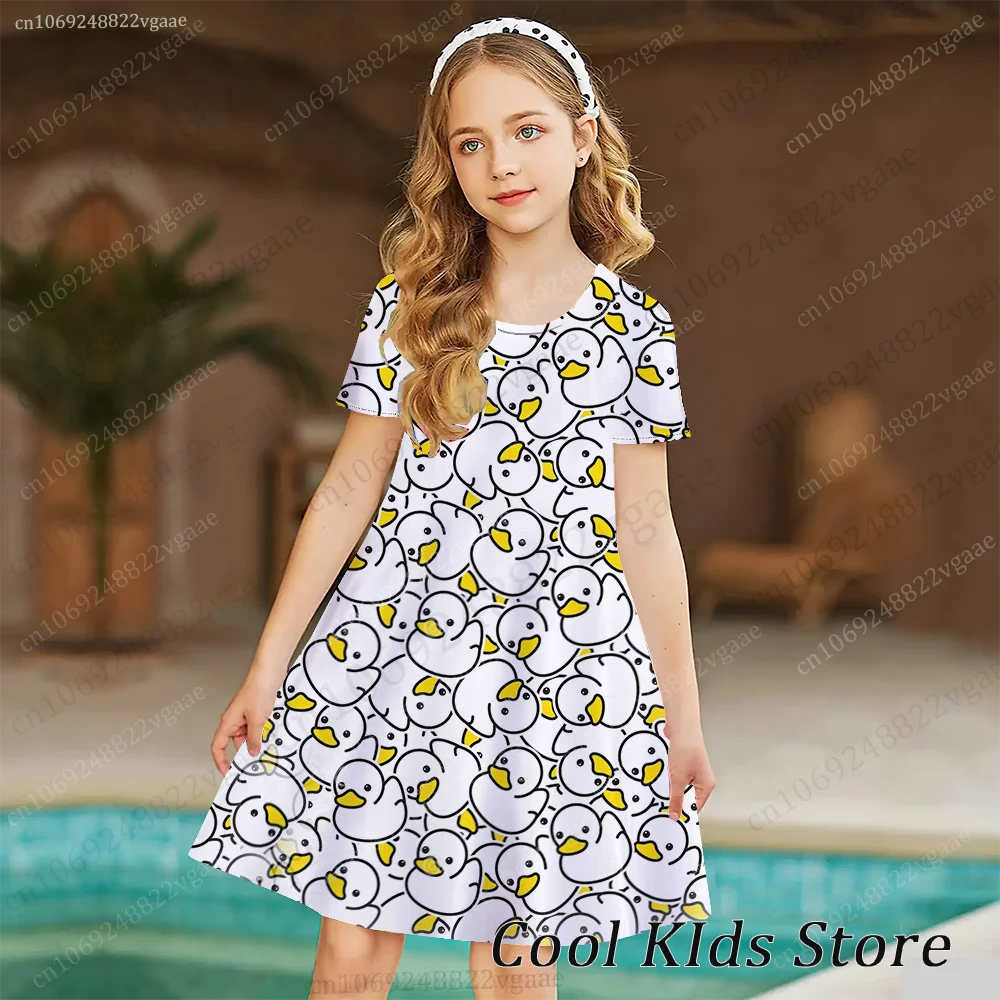 Summer Hawaiian Yellow Duck Princess Dress Girls Women Short Sleeve Costume Party Dresses Children Clothes Vacation Beach Skirt