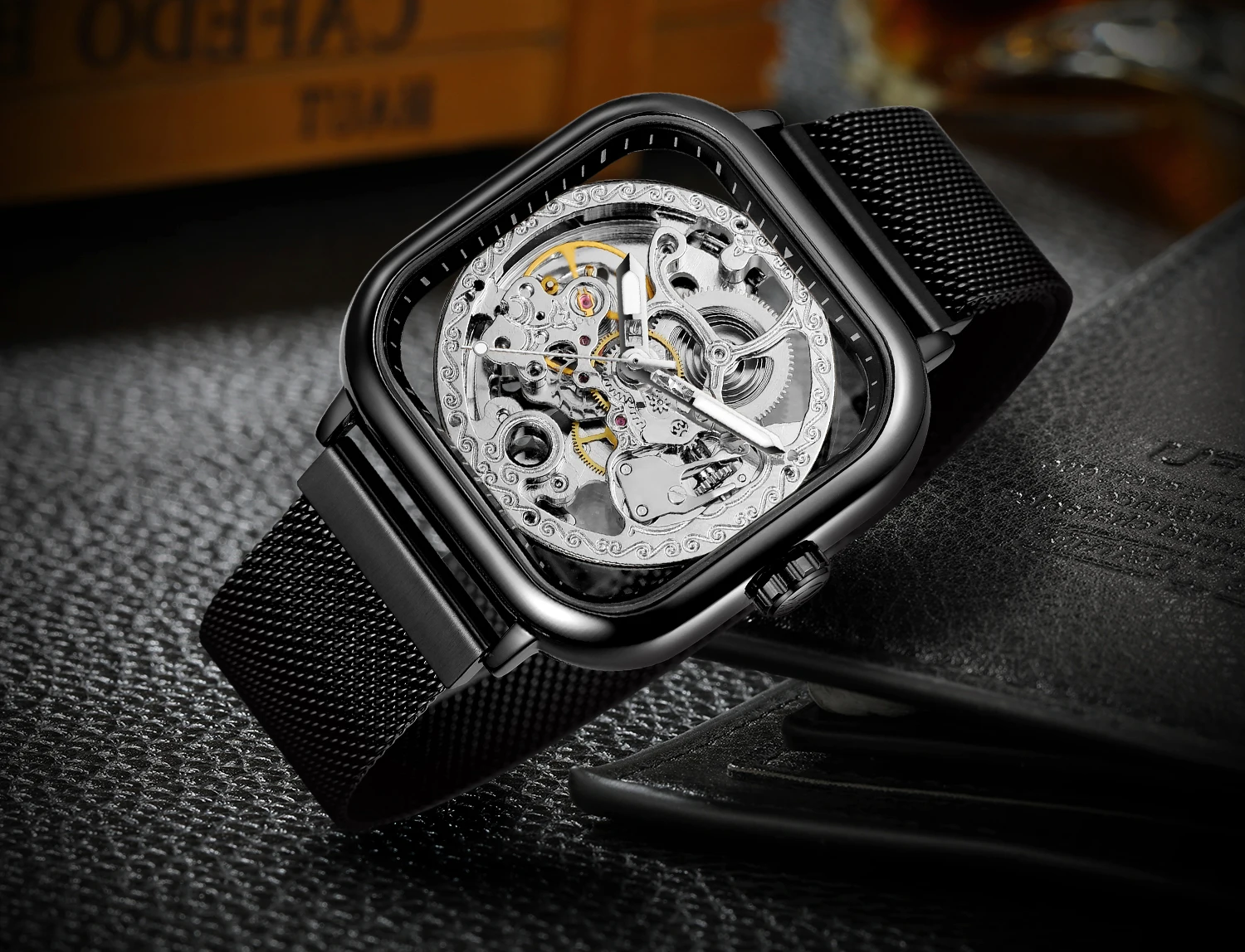 FORSINING Engraved Men Watches Automatic Skeleton Mechanical Luminous Hands Hollow Carving Square Case Mesh Steel Band Man Clock