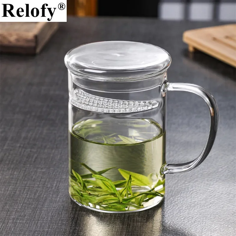 300/400/450ml Green Tea Thick Lid Cup  Family Juice Tea Mug Office Scented Tea Filter Crescent Mug Breakfast Milk Coffee Mug