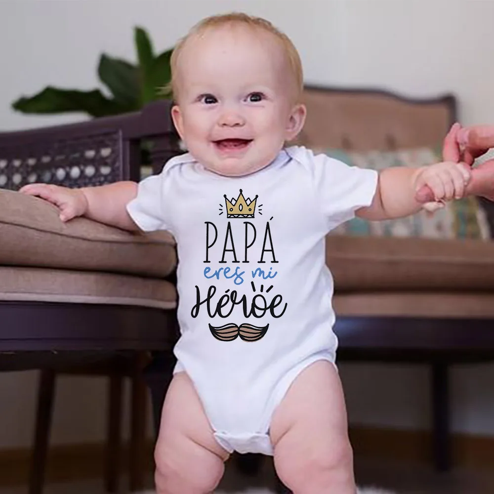 Papa Is My Hero Spanish Printed Baby Bodysuit Infant Short Sleeve Jumpsuit  Boys Girls Dad Birthday Father\'s Day Outfit Clothes