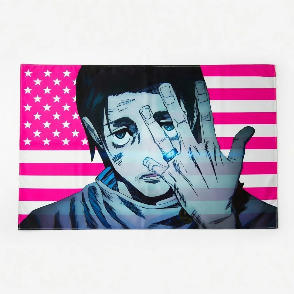 Sad Anime Boy Wall Tapestry Flat Print Pink Stars and Stripes Background for College Dorm Bedroom Aesthetic Anime Fan Room Decor