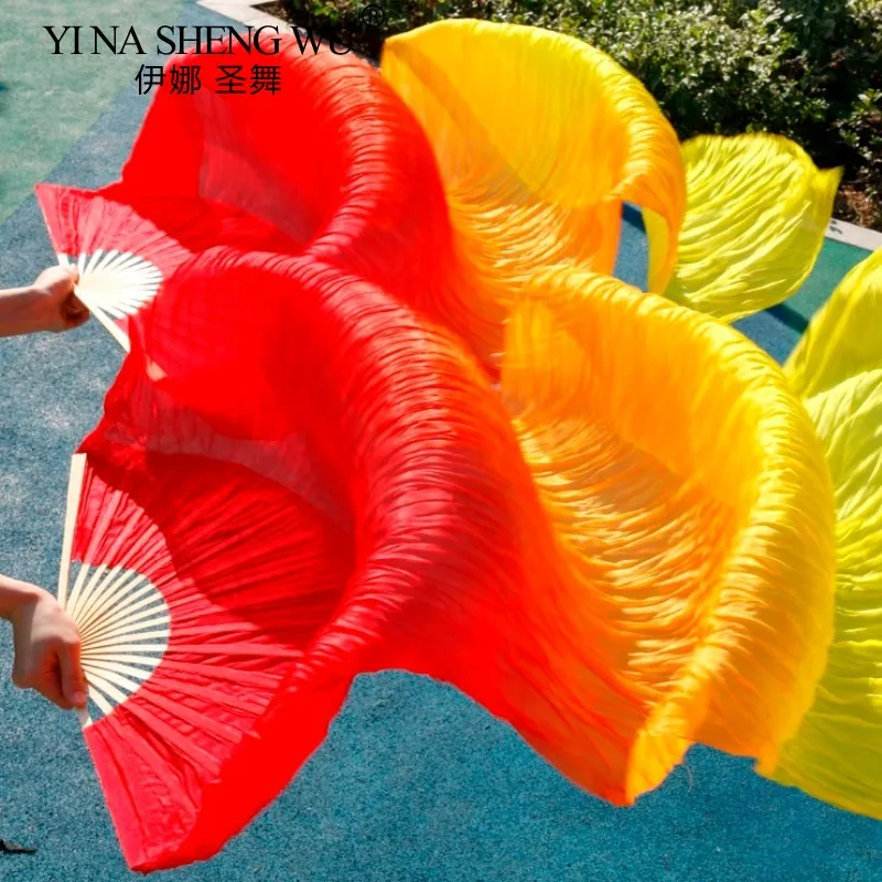 Hits High Selling Women Quality Silk Belly Dance Fan Dance 100% Real Silk Veils 1 Pair 180*90 CM Red+Orange+Yellow