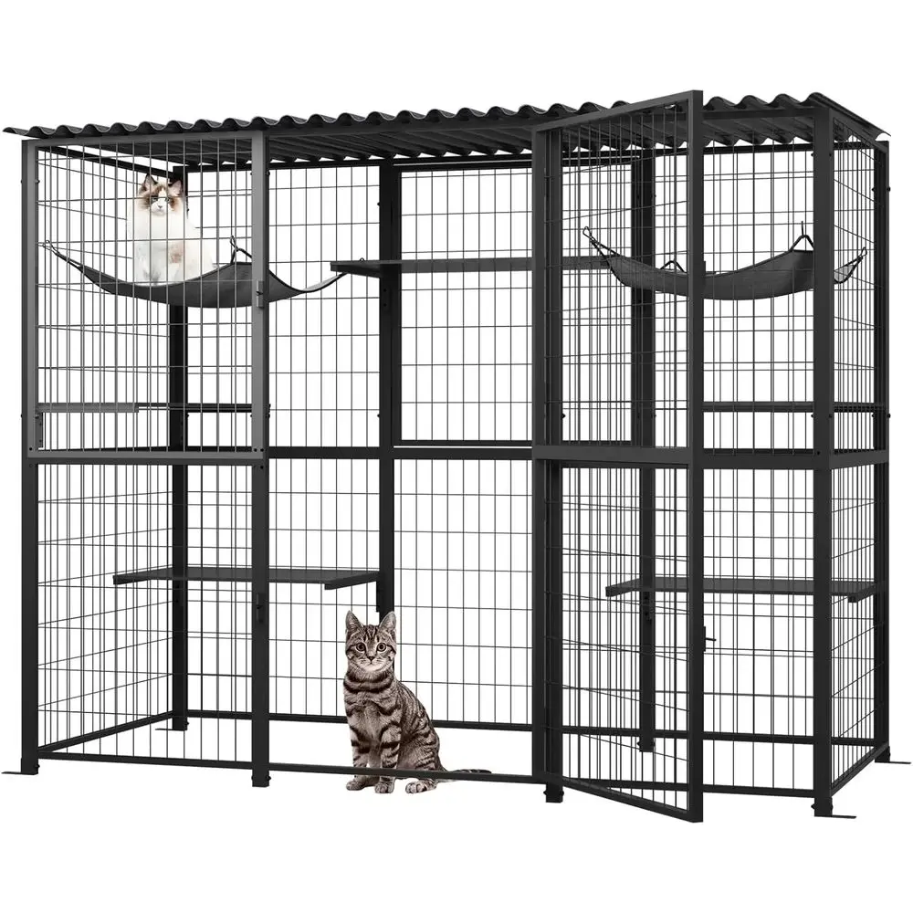 Outdoor Catio with Roof Metal Large Cat Enclosure with 5 Jumping Platforms and 2 Hammocks Cat Cage Enclosure for Cat Activity