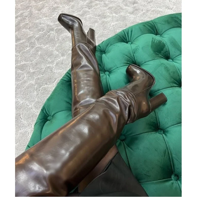 

Brown Over Knee High Leather Boots Matte Chunky Heel Sexy Fashionable Cool Winter Casual Big Size Woman Shoes Zapatillas Mujer