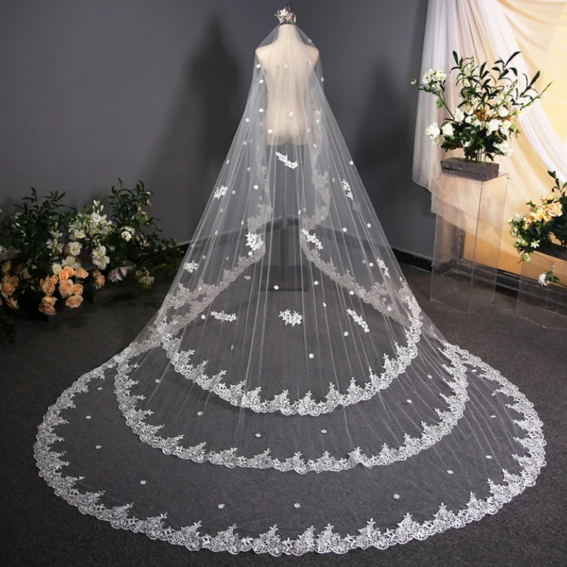 New Design Luxury Wedding Accessories Lace Applique Church Train Bride Veils Bridal Accessory фата velos de novia welon