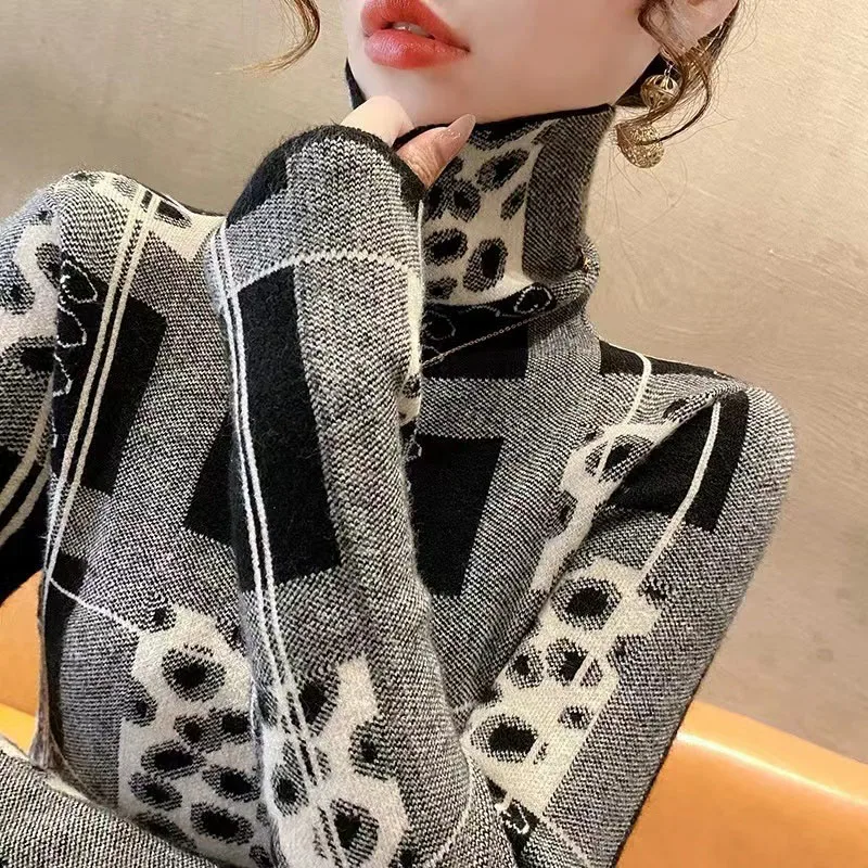 Women Chic Vintage Leopard Knitted Pullover Spring Office Lady Daily Casual Commuting Fashion Knitwear Slim Elasticity Sweaters