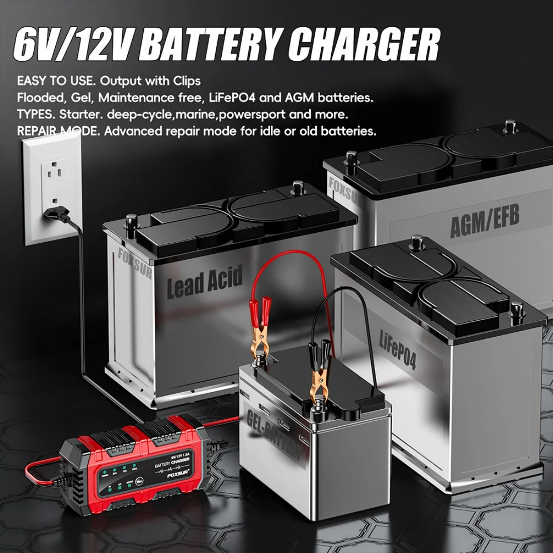 FOXSUR 6V 12V Intelligent Battery Charger Motorcycle Scooter Three-wheeled Battery Charging LiFePO4 AGM EFB GEL Battery Chargers - view 3