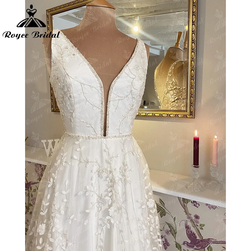 Vestido de novia de línea a bohemio para mujer, vestido de novia Sexy con cuello en V, hombros descubiertos, Espalda descubierta, apliques de encaje, vestido de novia de barrido